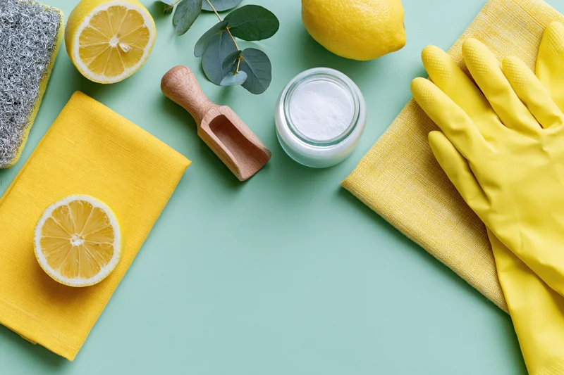 Natural cleaning supplies arranged flat on mint green surface with lemon slices, gloves, cloth, and sponge