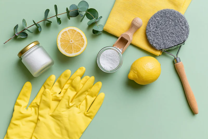 Natural cleaning supplies arranged flat on mint green background with lemon, gloves, sponge and eucalyptus