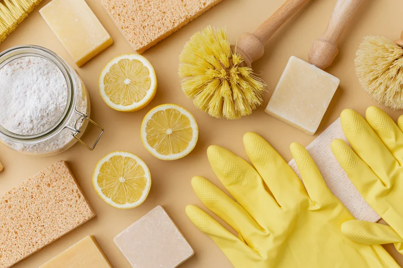 Natural cleaning supplies arranged in flat lay on beige surface with lemon slices, gloves, sponges, brushes, and powder in jar