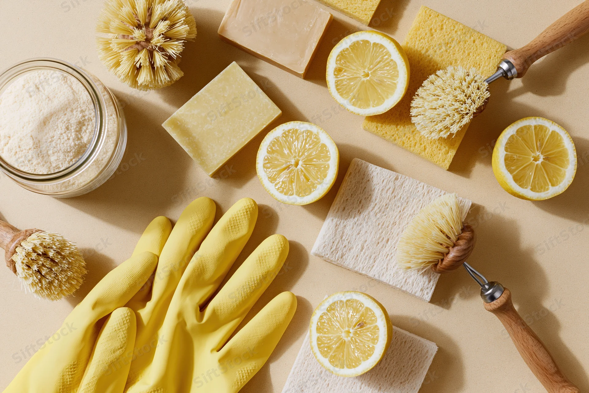 Natural cleaning supplies arranged in flat lay on beige surface with lemon slices and brushes