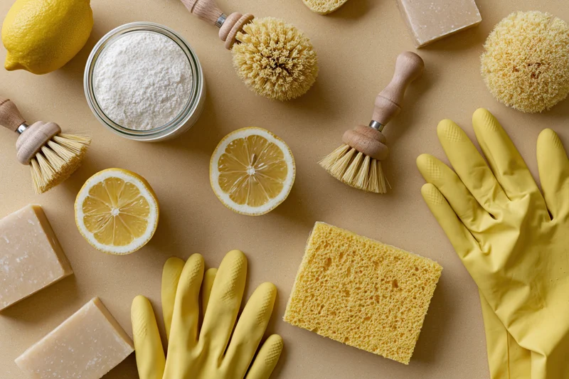 Natural cleaning supplies arranged in flat lay on beige surface