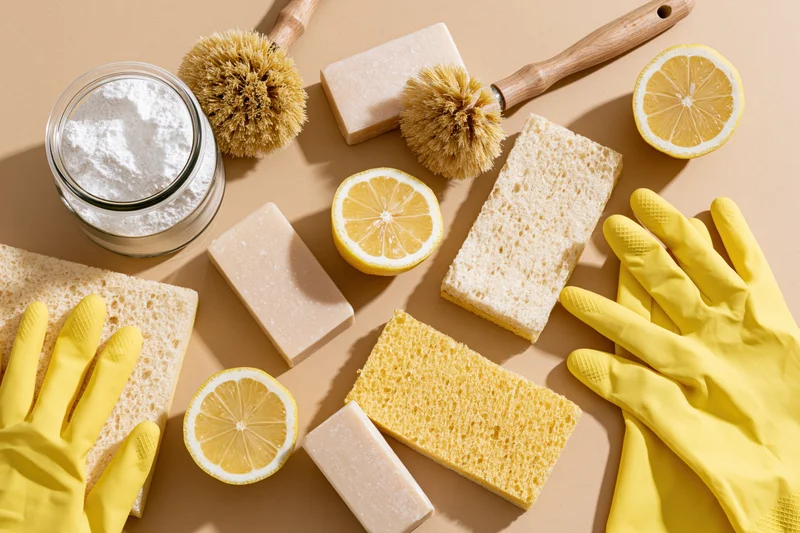 Natural cleaning supplies arranged in flat lay on beige surface with lemon slices and yellow gloves