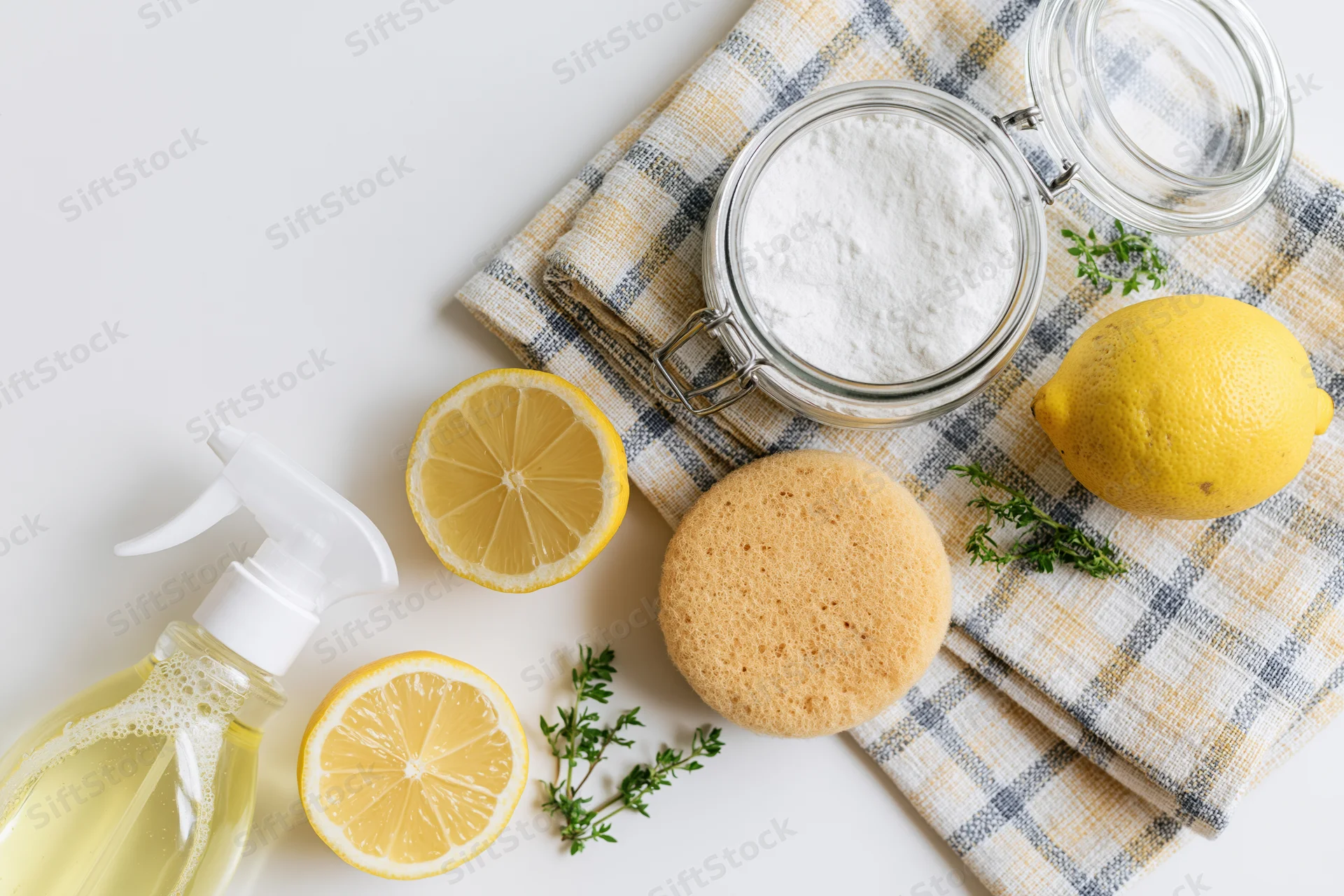 Natural cleaning supplies arranged in flat lay on white surface with lemon, sponge, baking soda and thyme