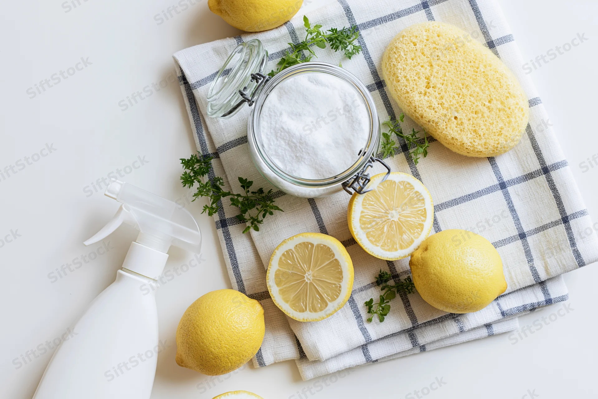 Natural cleaning supplies arranged in flat lay on white surface with lemons, sponge, baking soda, herbs and cloth