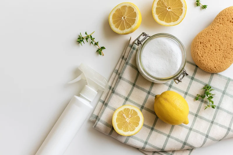 Natural cleaning supplies arranged in flat lay on white surface with lemon slices, sponge, cloth, and baking soda jar