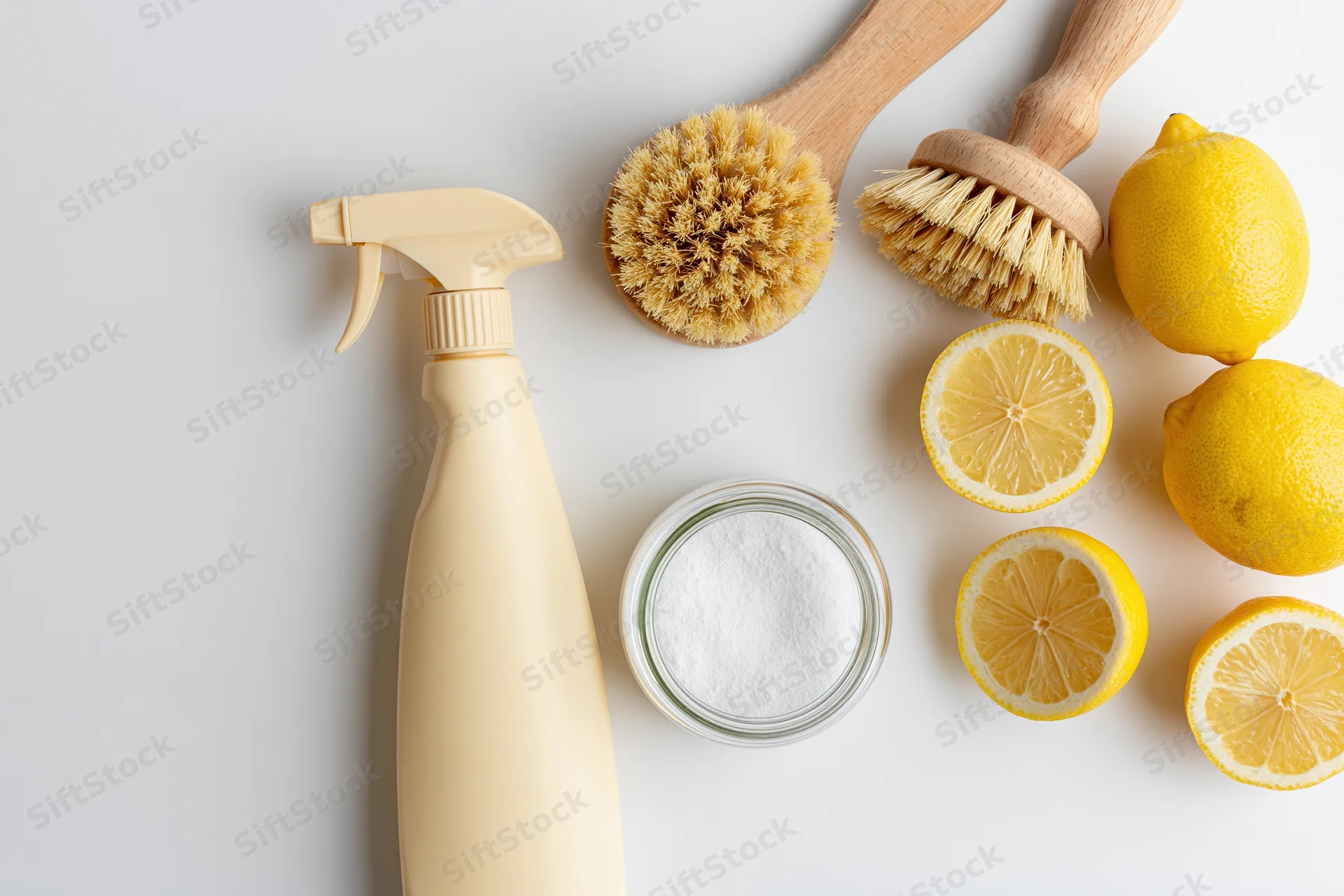 Natural cleaning supplies arranged in flat lay on white surface with lemons, brushes, and powder