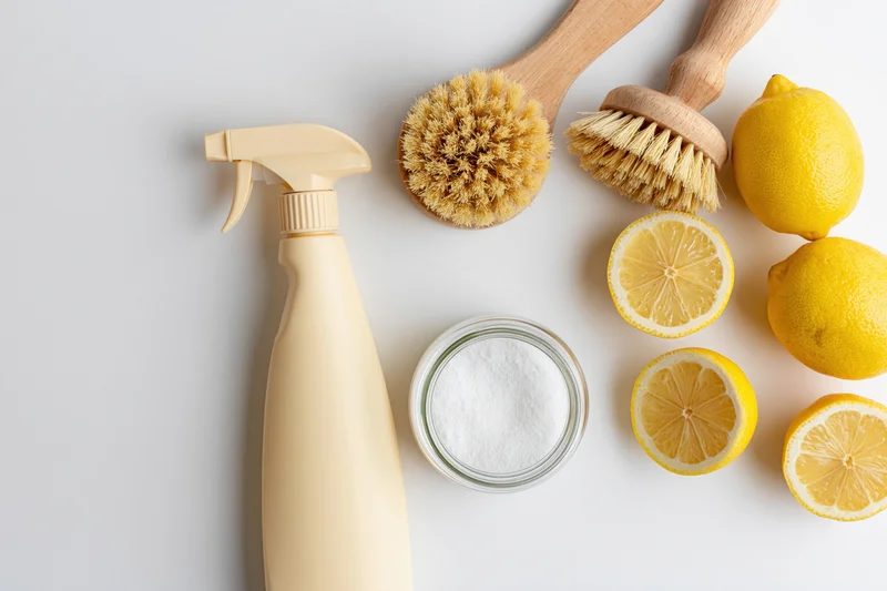 Natural cleaning supplies arranged in flat lay on white surface with lemons, brushes, and powder