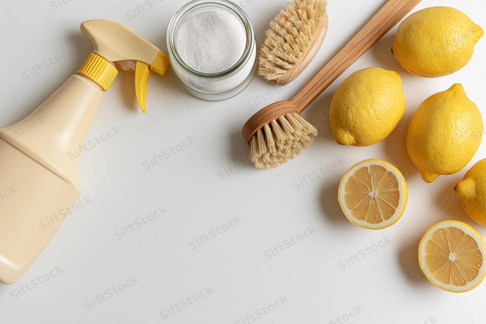 Natural cleaning supplies arranged in flat lay on white surface with lemons, brushes, spray bottle and powder jar