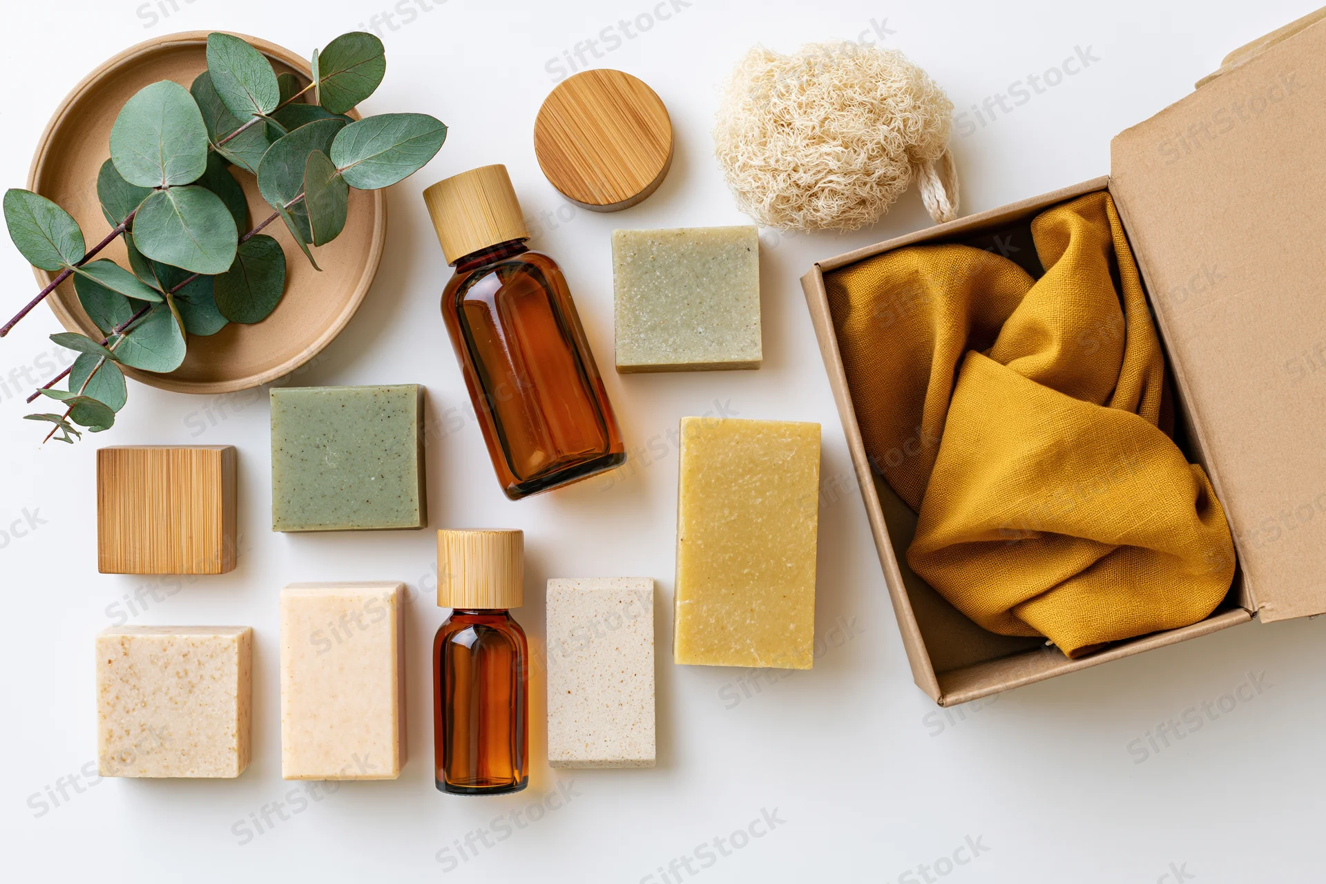 Natural skincare products arranged in flat lay on white surface with eucalyptus and bamboo accessories