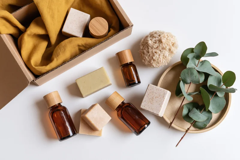Natural skincare products arranged in a flat lay on a white surface with eucalyptus and packaging