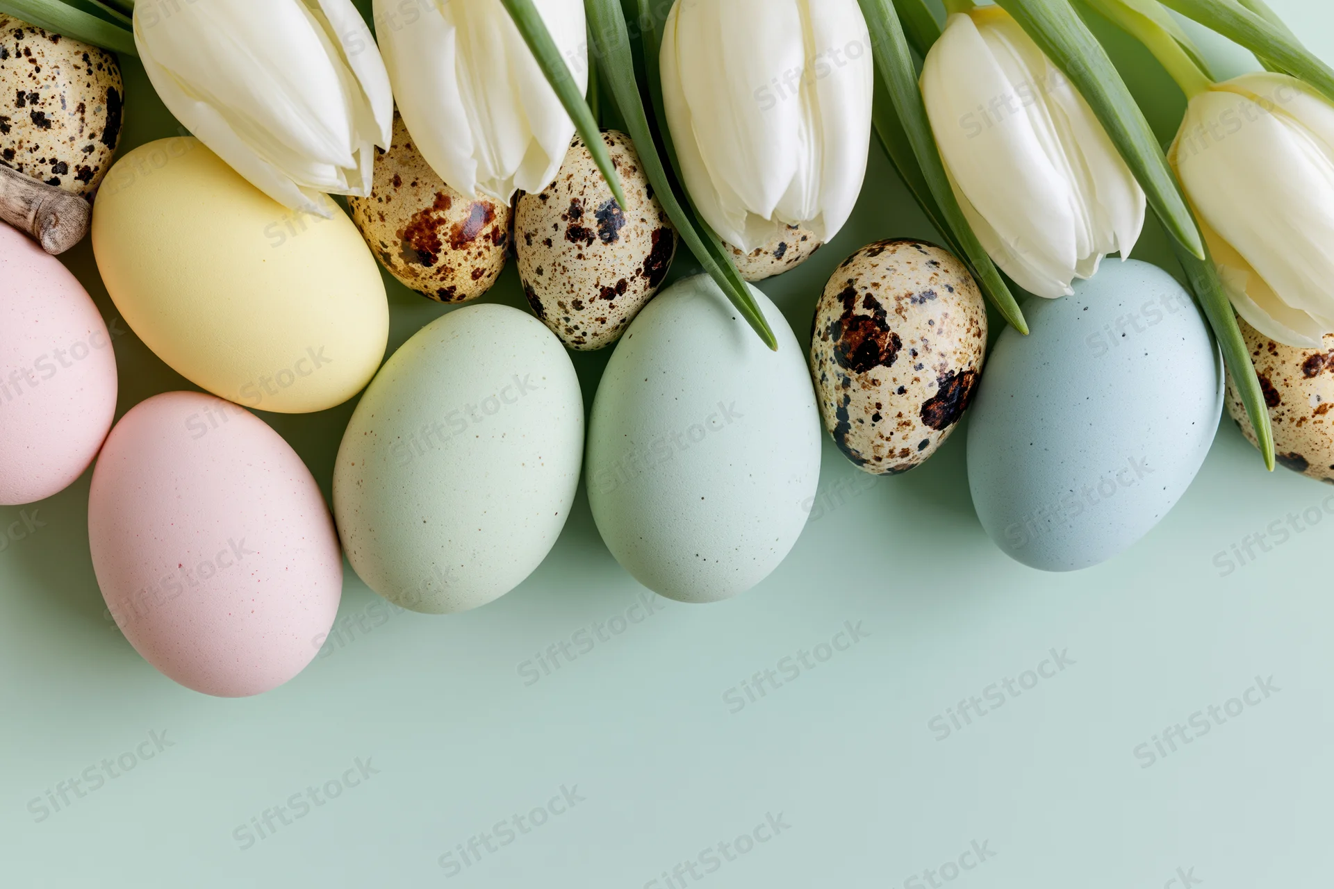 Pastel-colored easter eggs and white tulips arranged in a flat lay on a light green surface with copyspace