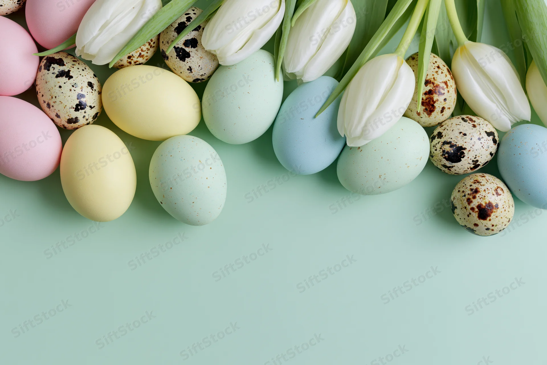 Pastel-colored easter eggs and white tulips arranged in a flat lay on a mint green background with copyspace