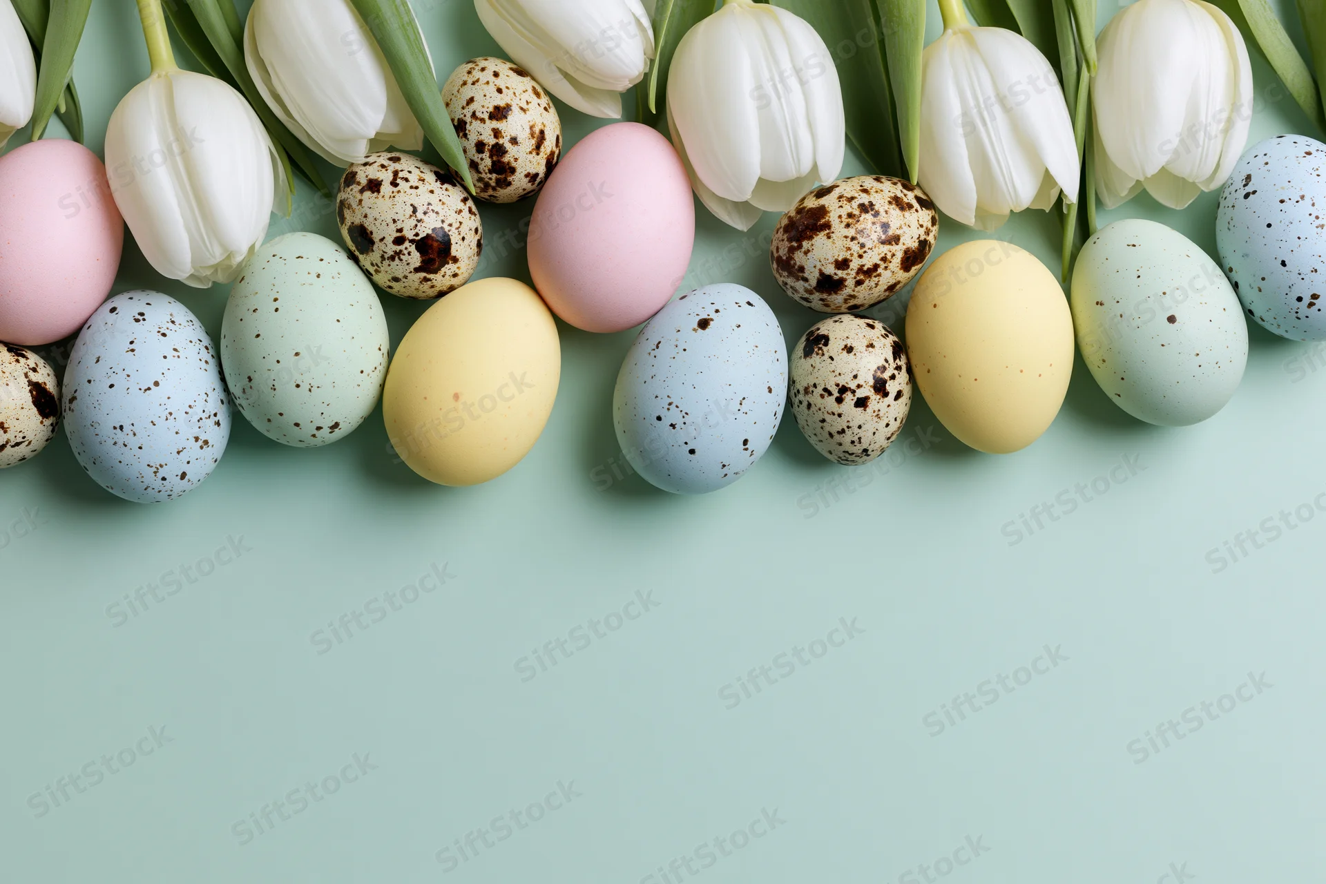 Pastel-colored easter eggs and white tulips arranged in a flat lay on a mint background with copyspace