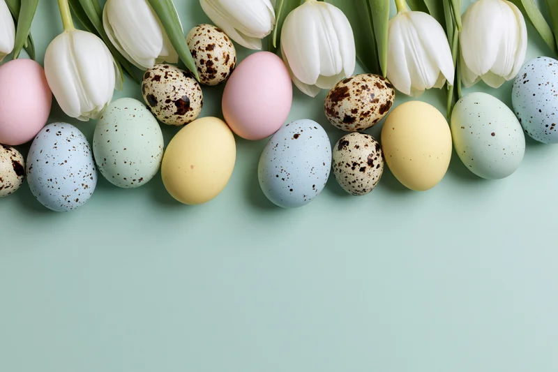 Pastel-colored easter eggs and white tulips arranged in a flat lay on a mint background with copyspace