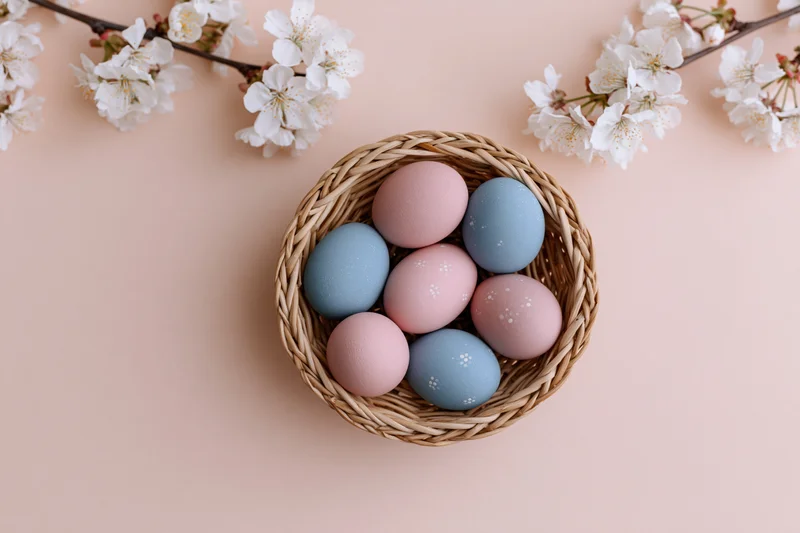 Pastel-painted easter eggs in a small woven basket with cherry blossoms on a soft pink background