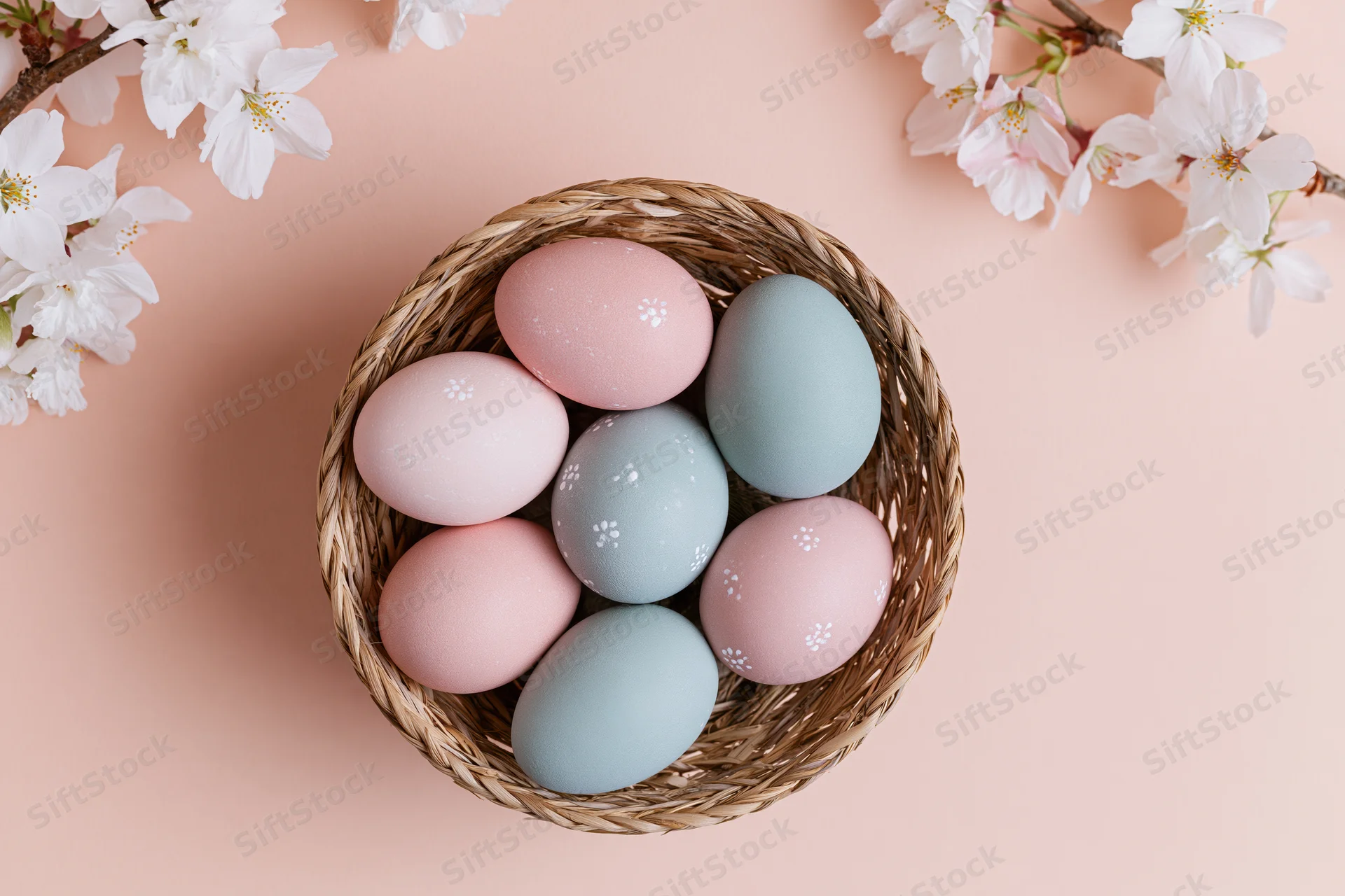 Pastel-painted easter eggs in a woven basket with cherry blossoms on a soft pink background