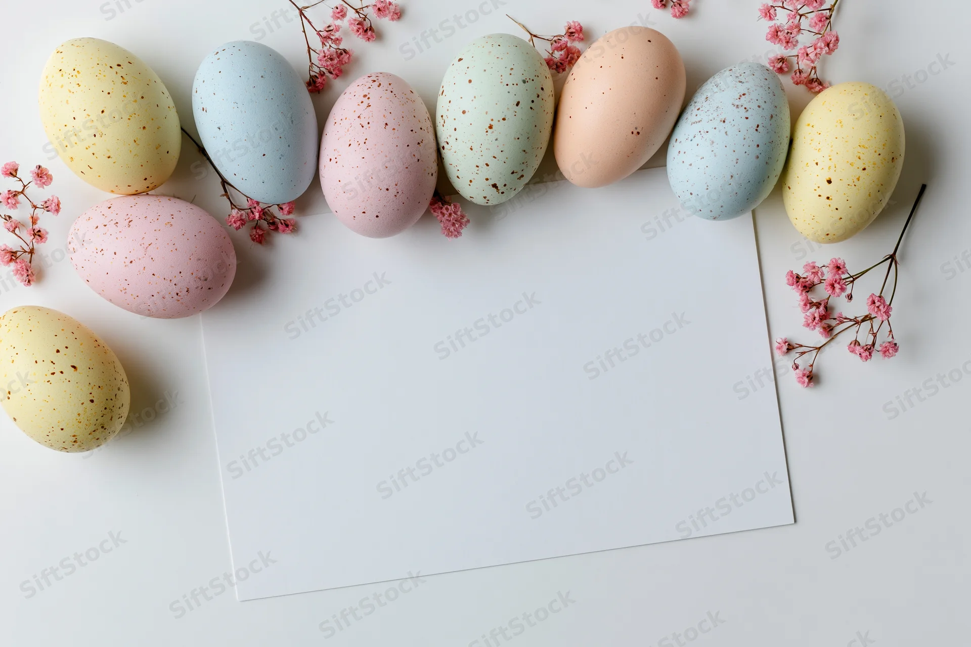Pastel-speckled easter eggs arranged around a blank white card with pink flowers on a white surface