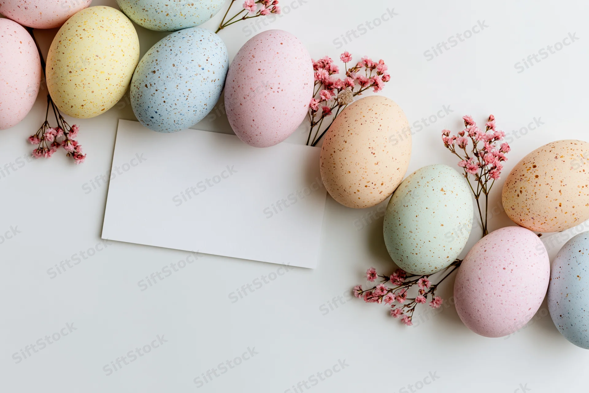 Pastel-speckled easter eggs arranged in a flat lay with pink blossoms and a blank card on white background