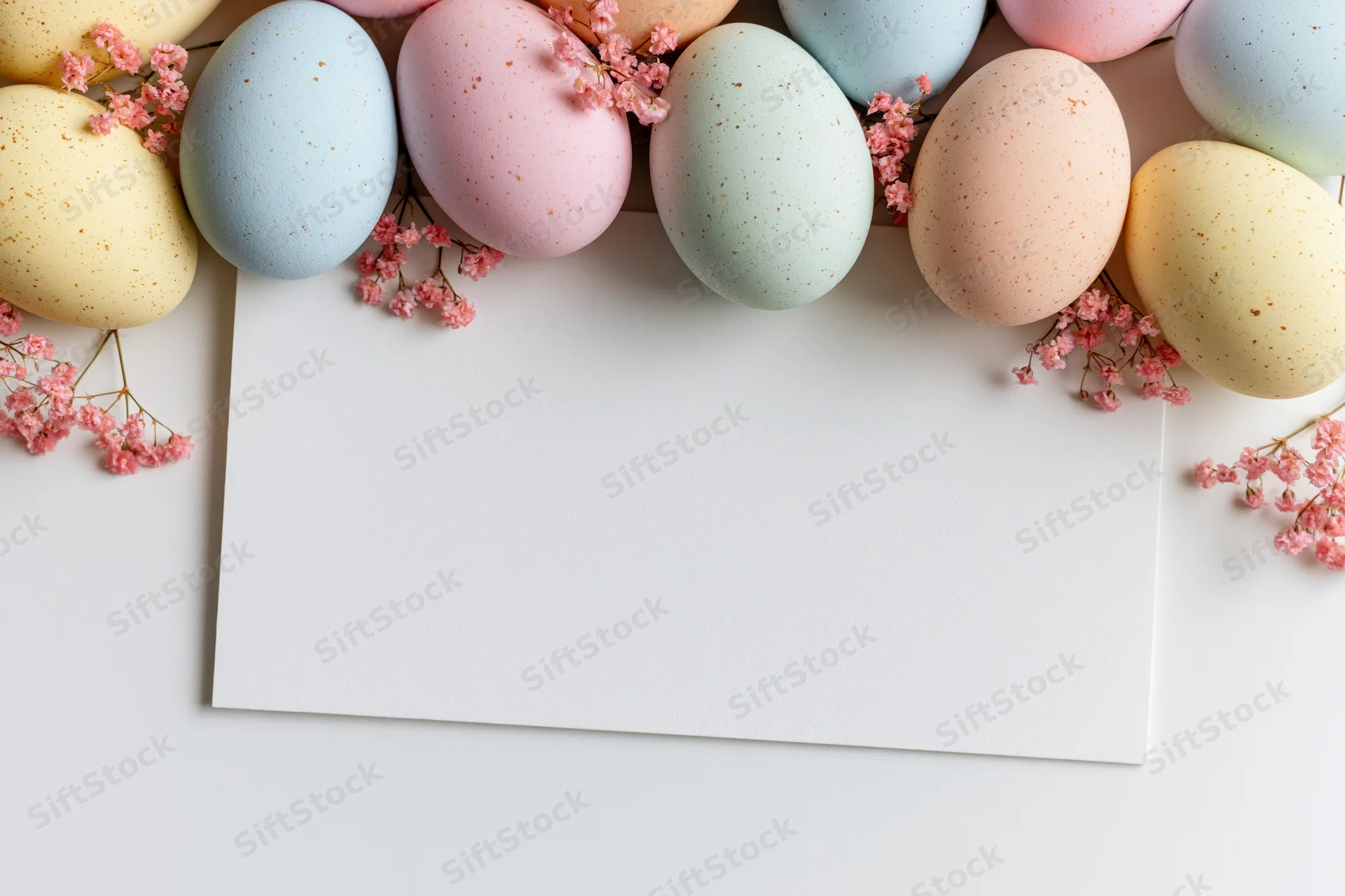 Pastel-speckled easter eggs arranged in a flat lay with pink blossoms and a blank white card for copyspace