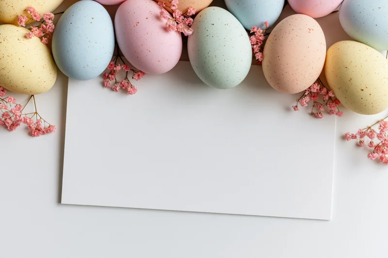 Pastel-speckled easter eggs arranged in a flat lay with pink blossoms and a blank white card for copyspace
