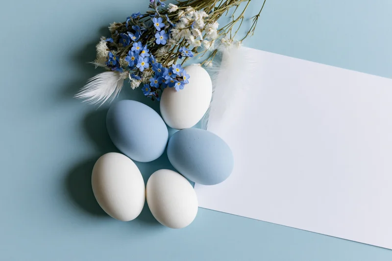 Pastel blue and white easter eggs arranged with dried forget-me-not flowers and feathers on a light blue surface beside a blank white card