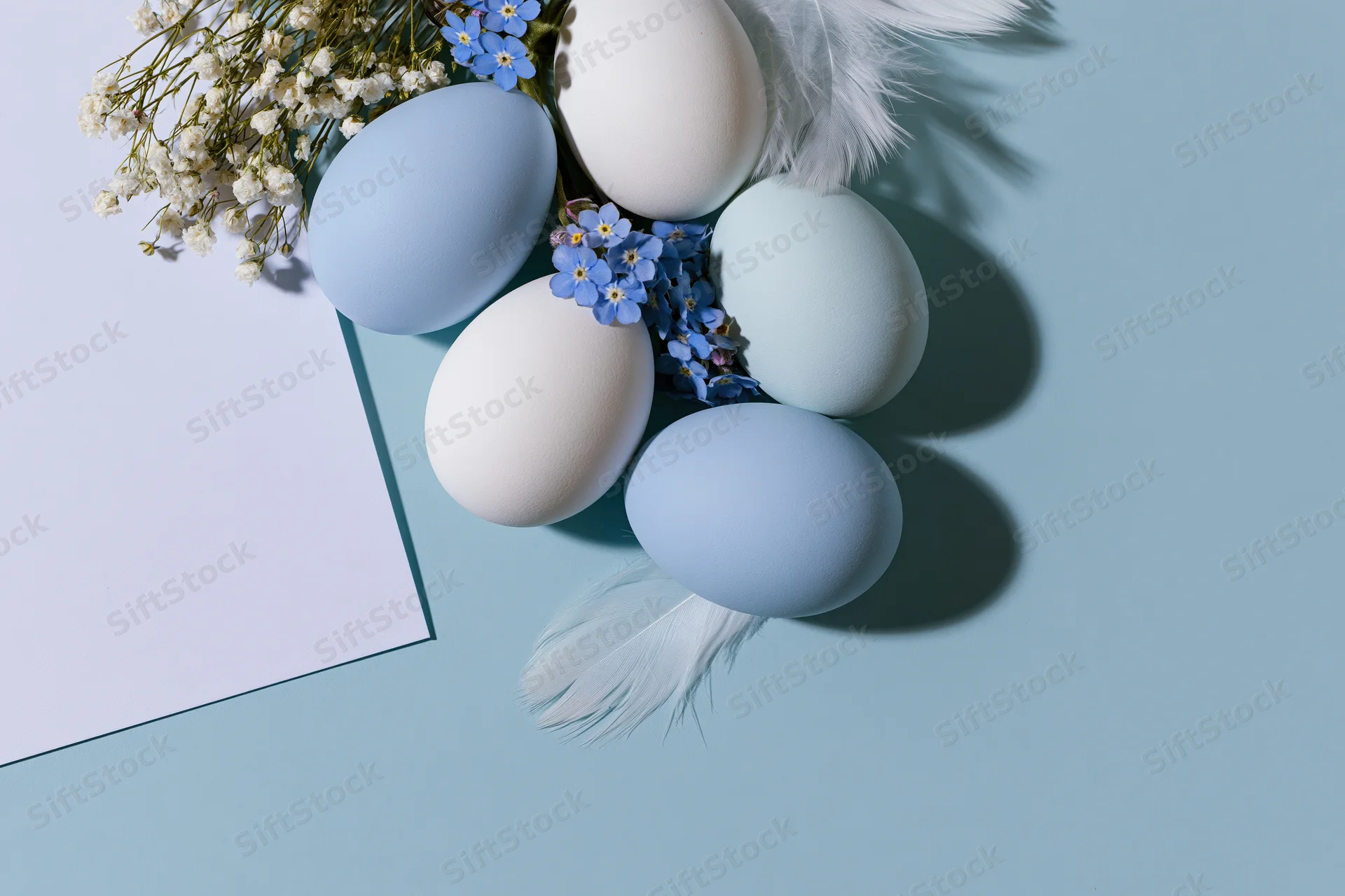 Pastel blue and white easter eggs arranged with forget-me-nots and baby's breath on a light blue surface with copyspace and a blank card