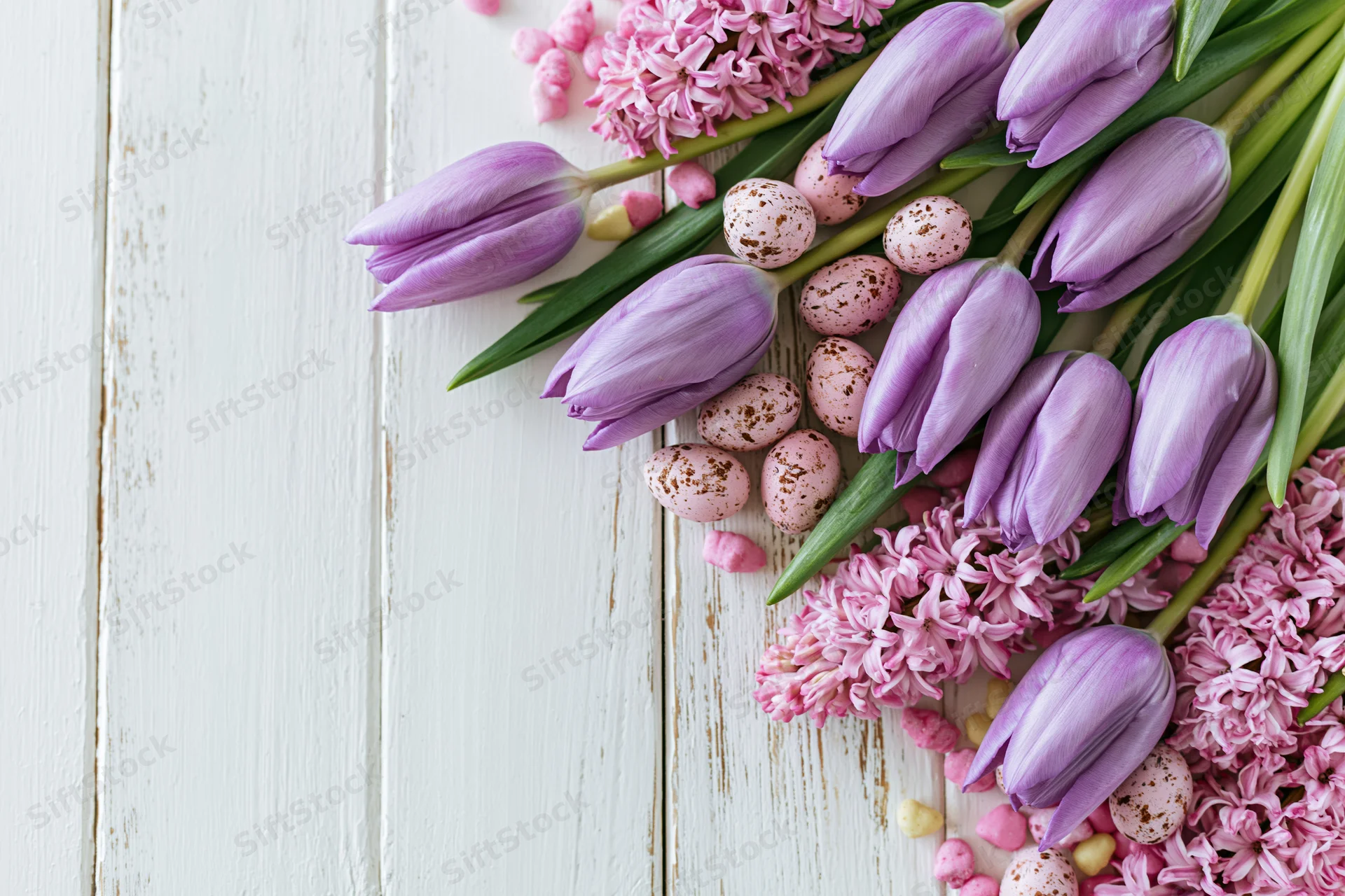 Flat lay of purple tulips and pink hyacinths with speckled easter eggs on white wooden surface