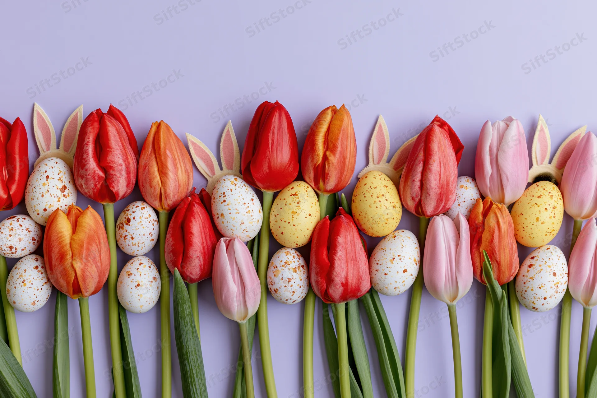 Red orange and pink tulips with green stems arranged in a flat lay with speckled easter eggs and bunny ears on a purple background