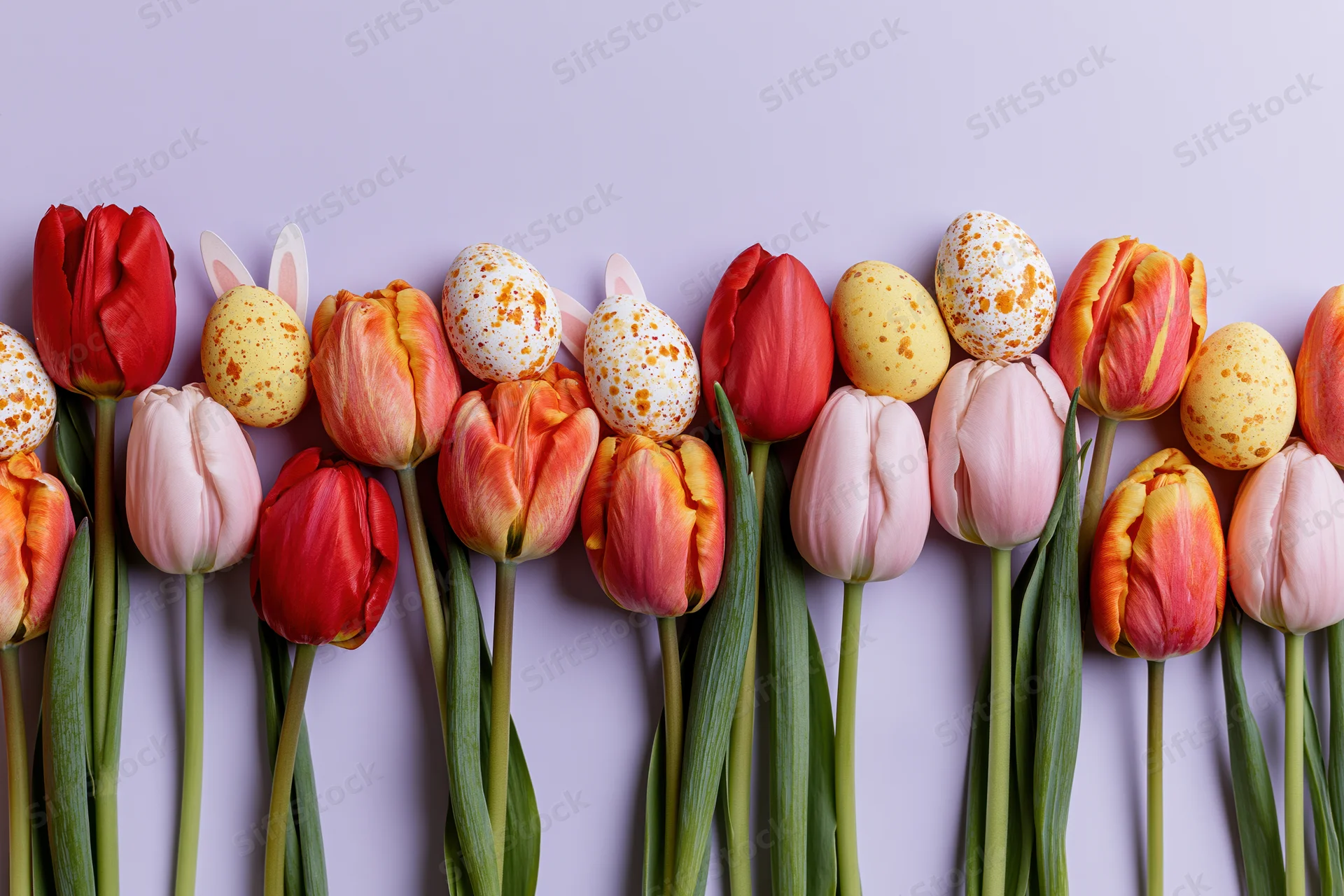 Red pink and orange tulips with green stems arranged in a flat lay with speckled easter eggs and bunny ears on a pastel background