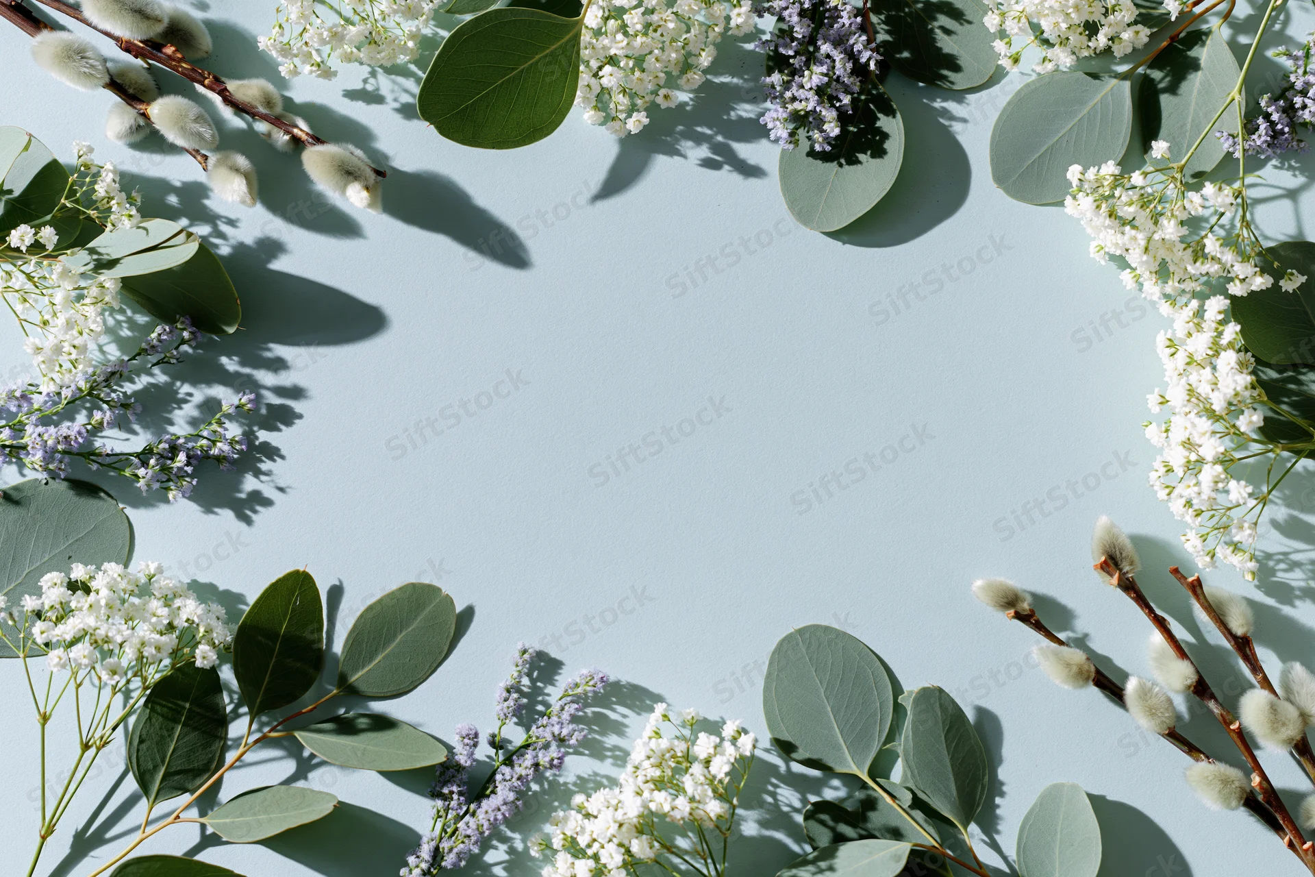 Scattered eucalyptus branches, small white gypsophila, and willow catkins arranged in a flat lay on a light blue surface with copyspace in the center