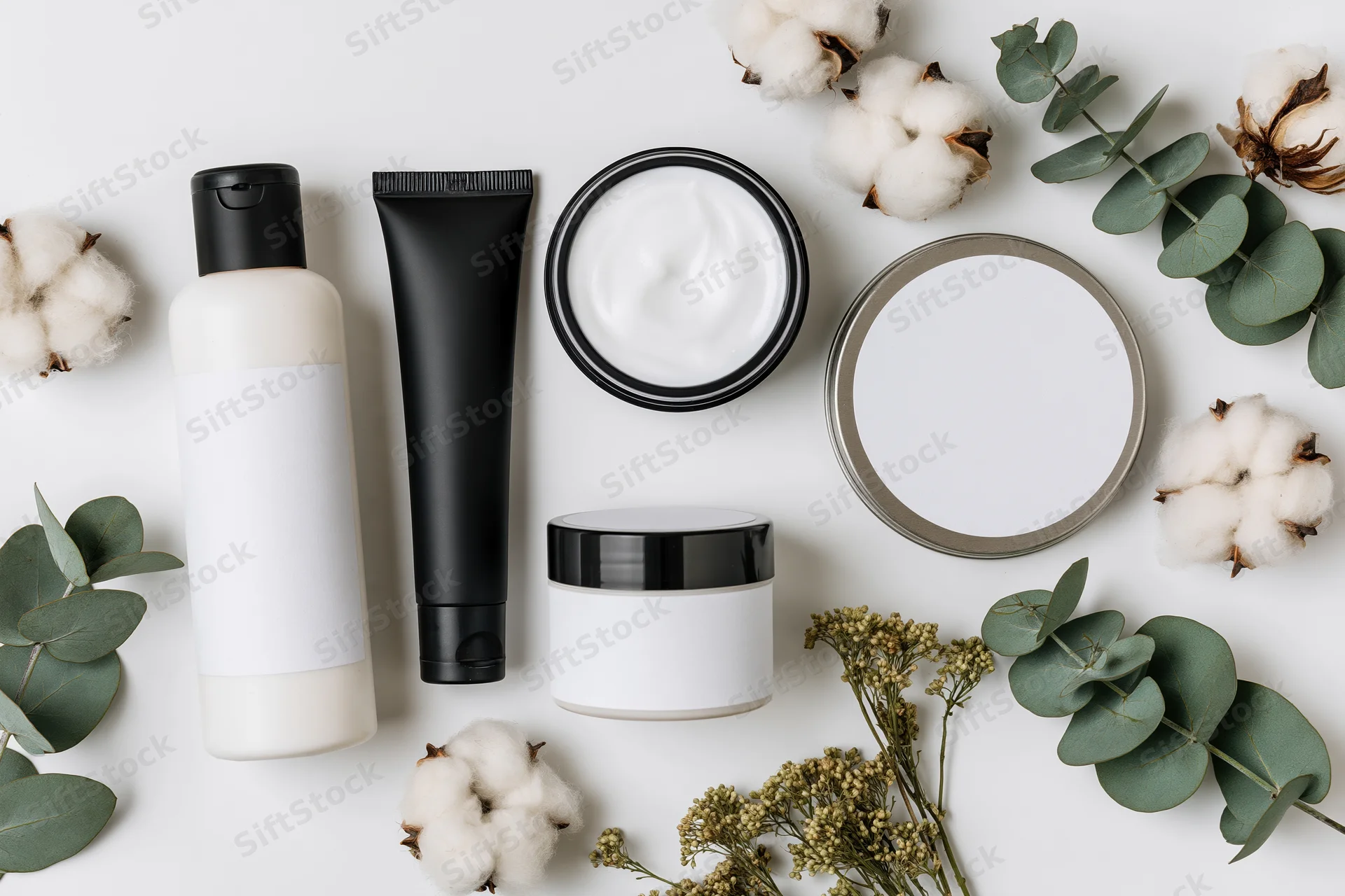 Skincare product set arranged flat with cotton and eucalyptus on white background