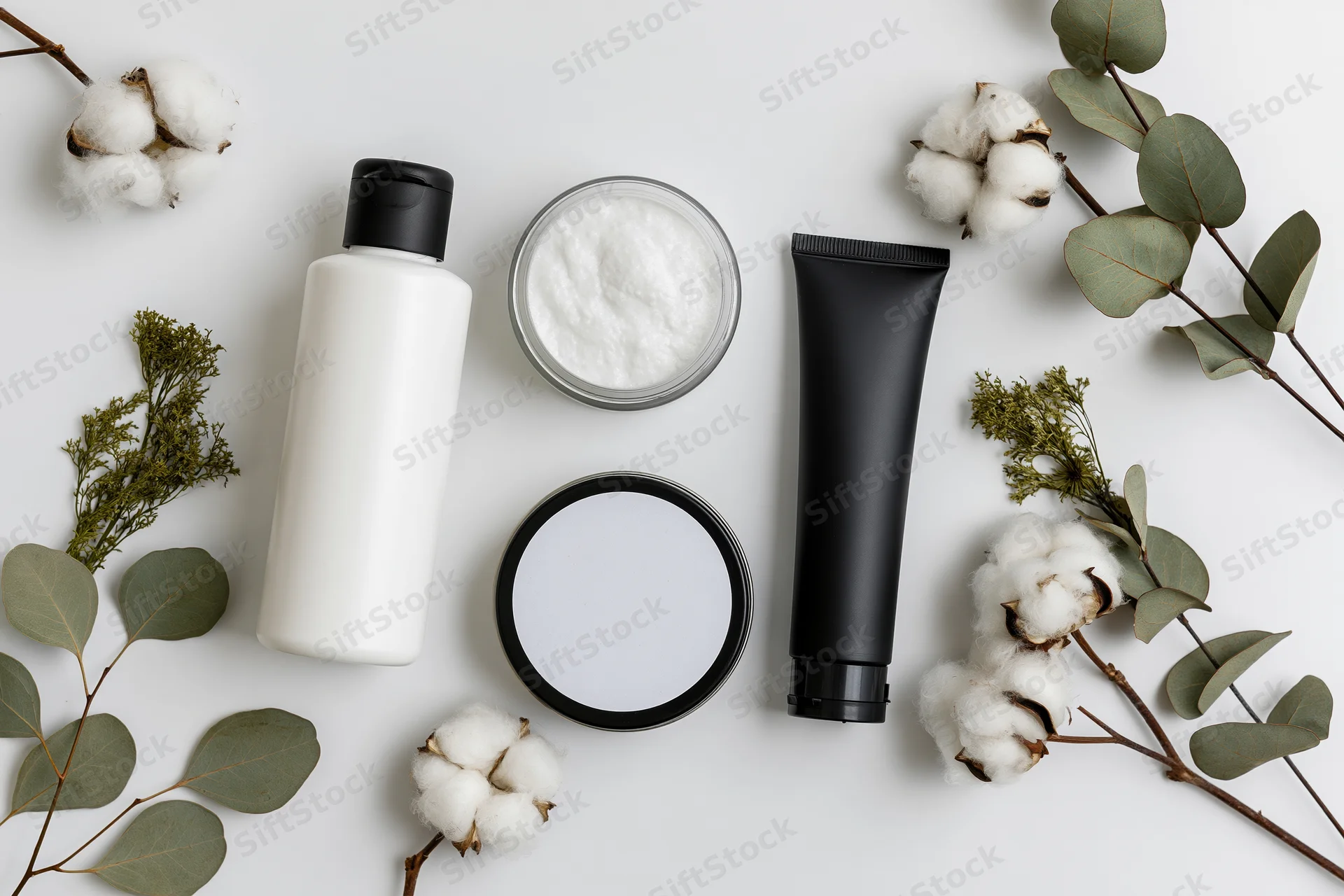 Flat lay of skincare products with cotton and eucalyptus on white background