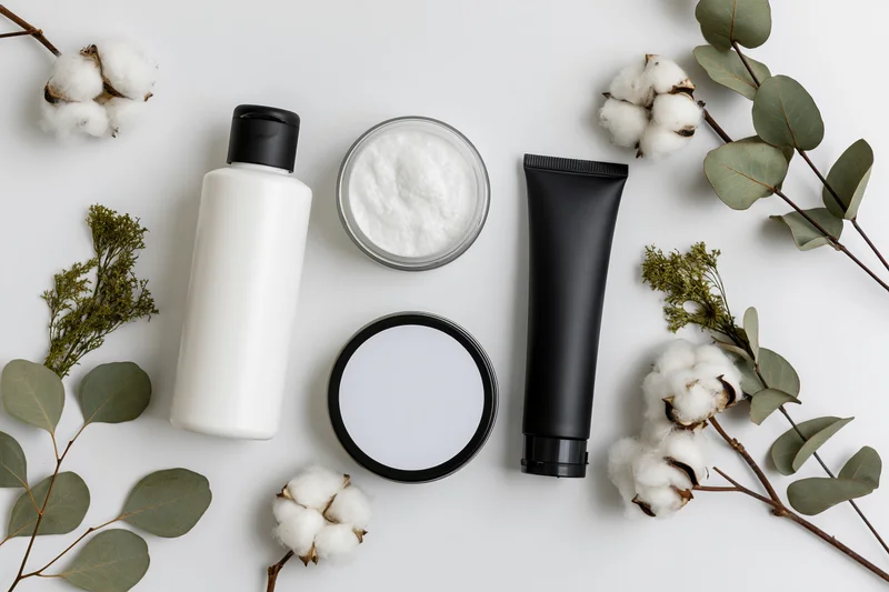 Flat lay of skincare products with cotton and eucalyptus on white background