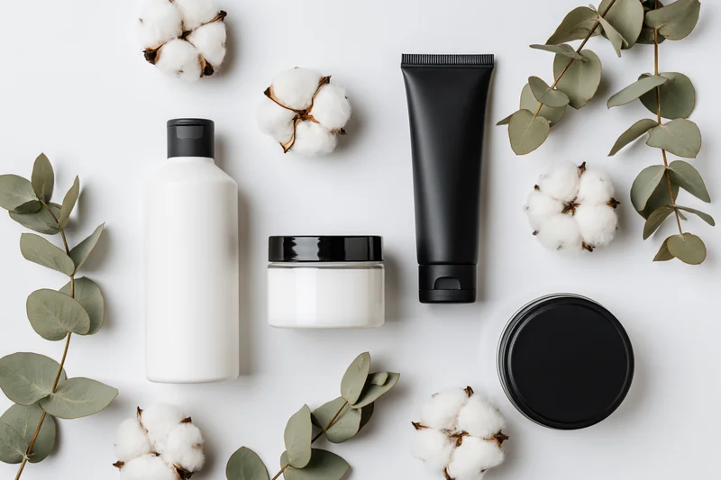 Flat lay of skincare products with cotton and eucalyptus on white background