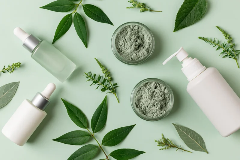 Skincare products with green leaves arranged in flat lay on mint background