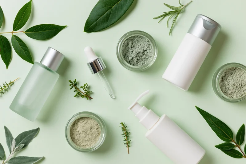 Skincare products arranged in flat lay with green leaves and herbs on pale mint background
