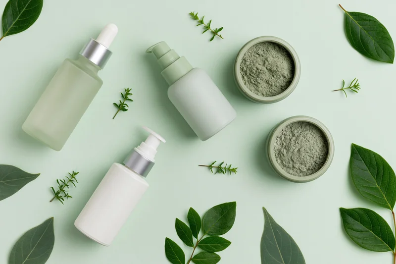 Skincare products arranged in flat lay on pale mint green surface with green leaves and herbs