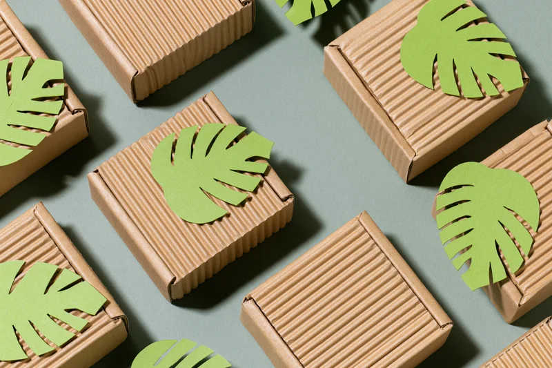 Small corrugated cardboard shipping boxes arranged in flat lay with green monstera leaf cutouts on muted green surface