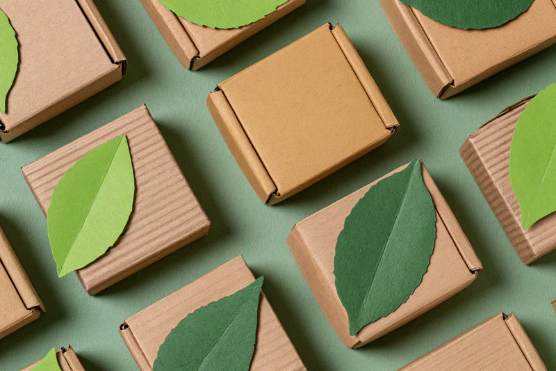 Small corrugated cardboard shipping boxes arranged in flat lay on green surface with green leaves on top