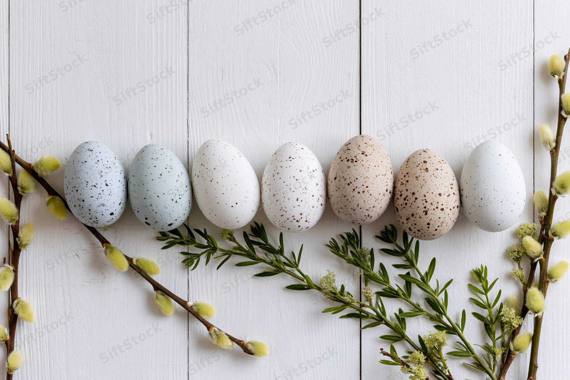 Speckled easter eggs arranged in a row on a white wooden surface with willow branches and green foliage