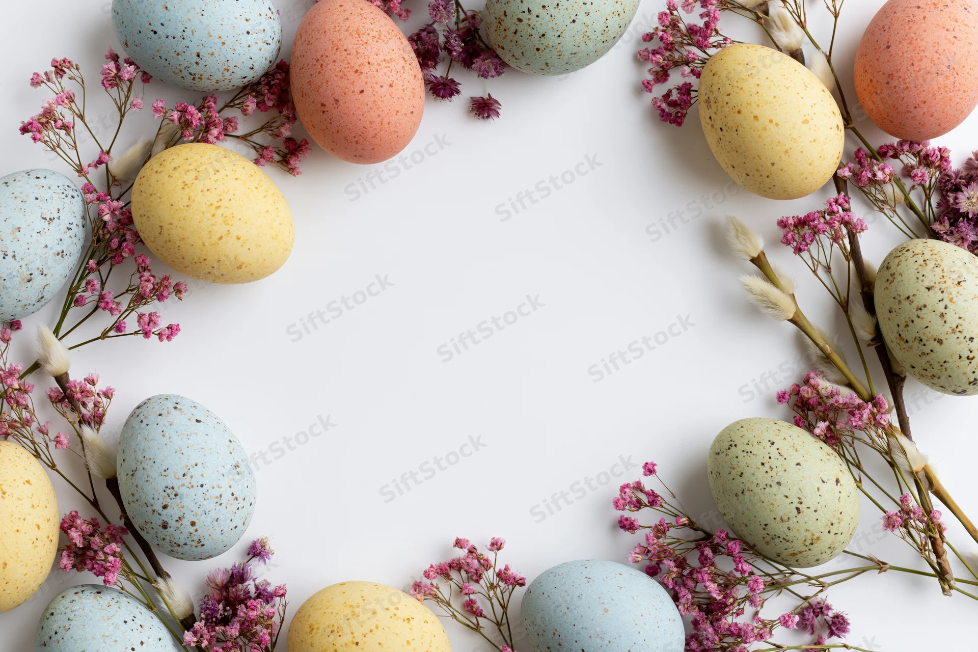 Speckled pastel easter eggs and dried pink flowers arranged in a flat lay frame on white background with copyspace