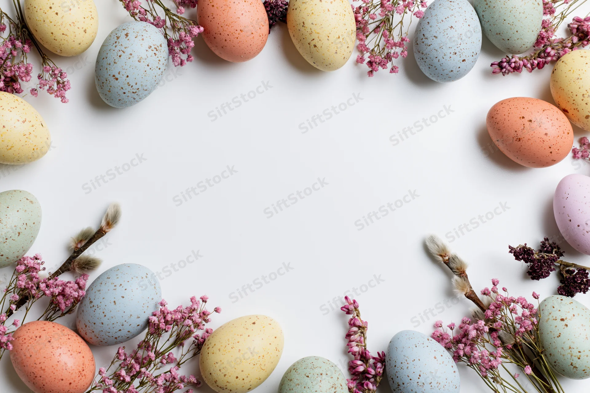 Speckled pastel easter eggs and dried pink flowers arranged in a frame on white background with copyspace