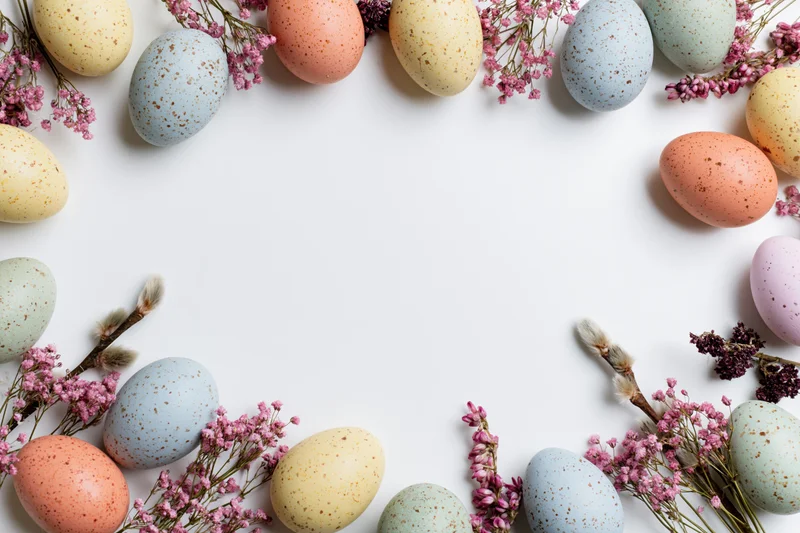Speckled pastel easter eggs and dried pink flowers arranged in a frame on white background with copyspace