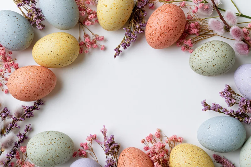 Speckled pastel Easter eggs and dried pink and purple flowers arranged in a flat lay on white background with copyspace