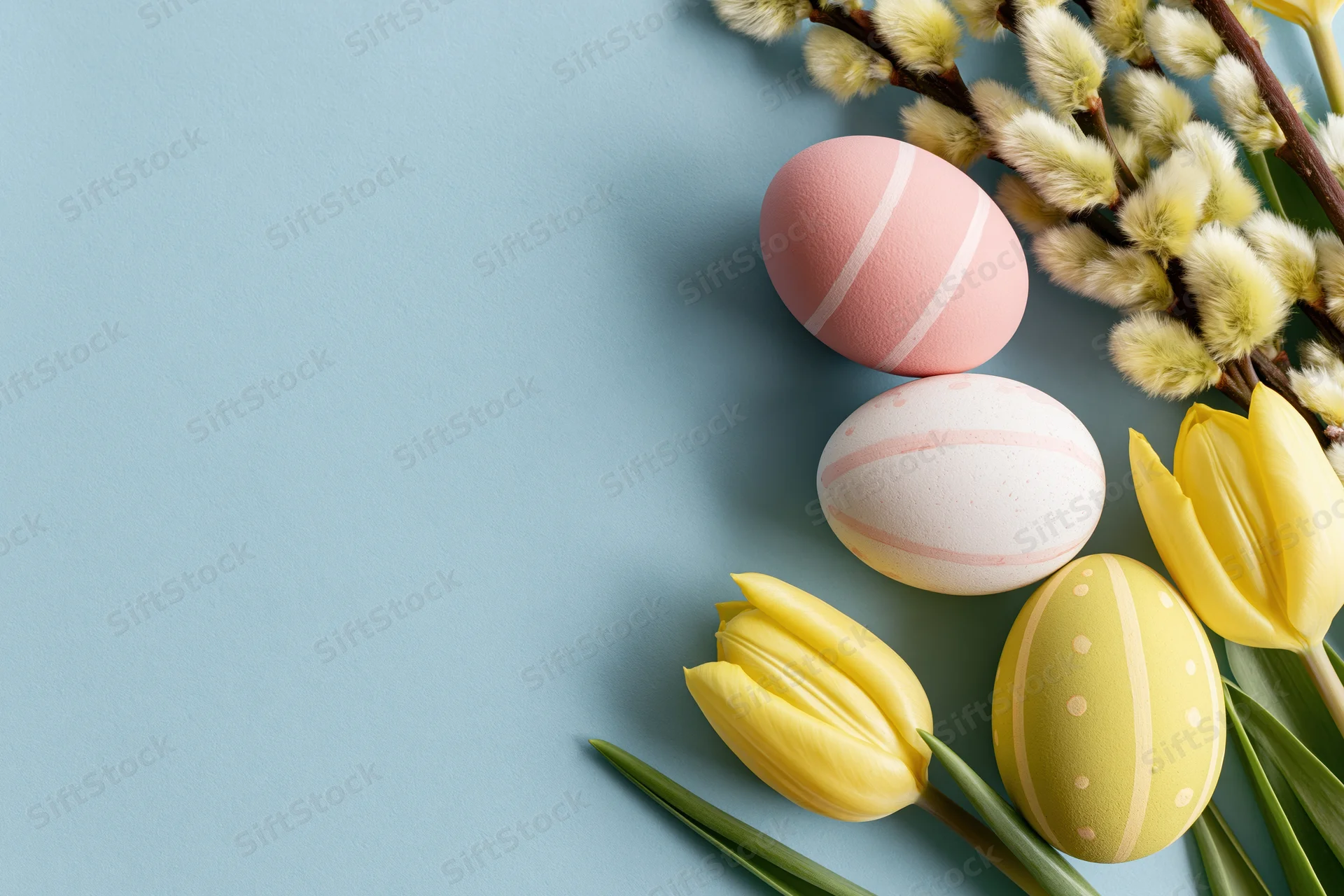 Three hand-painted easter eggs with yellow tulips and willow branches arranged on a blue surface in a flat lay composition