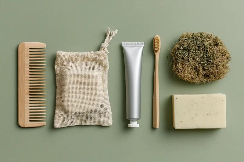 Zero-waste bathroom essentials arranged in a flat lay on a green surface