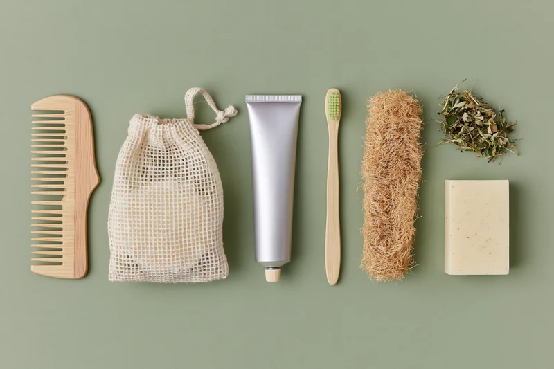 Zero-waste bathroom essentials arranged in a flat lay on a green background
