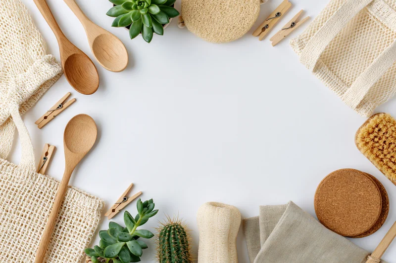 Zero-waste household items arranged in a border on a white surface