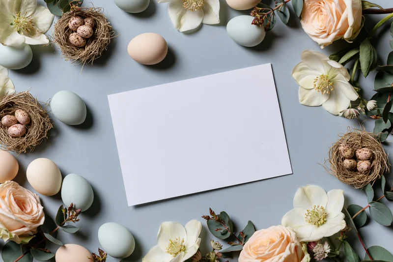 Blank white card surrounded by easter eggs, flowers, and nests in a flat lay arrangement