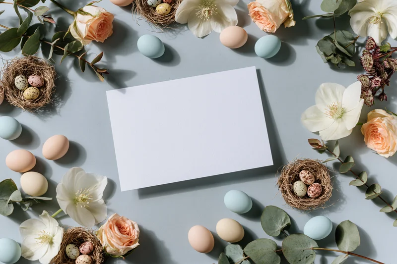 Blank white card surrounded by easter eggs, flowers, and nests in a flat lay arrangement